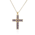 Macro detail of gold cross pendant with purple gemstones and zircons on fine chain - Purple Zirconia