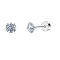 Silver stainless steel stud earring with a round clear zircon and secure screw flat back - Round Zirconia (4mm)