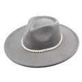 Detail of grey wool felt fedora with elegant pearl bead trim and flat brim style - M(56-58cm) / Light Gray