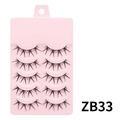 Five pairs of ZB33 natural black false eyelashes arranged on a pink tray base - ZB33 Cotton Thread Stem - 5 Pairs