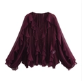 Detail of layered ruffles and V-neckline on burgundy long sleeve chiffon shirt - XS / Reddish Brown