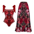 Body con stampa floreale e spalline con fiocco e gonna lunga con motivo a rose siciliane - S / Set Costume da Bagno + Gonna Lunga