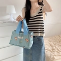Detailed embroidery of butterflies on a light blue canvas tote lunch bag with strap - Azure Butterfly