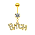Gold plated belly button ring with sparkling crystal letter charm and large gem - Gold with White Stone
