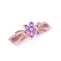 Detailed close-up of a purple flower hair clip with rhinestones on rose gold plating - Style H / Purple