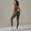 Détail d'un ensemble de yoga sans couture avec legging taille haute et soutien-gorge dos nu - S / Dos nu Soutien-Gorge + Leggings Ensemble / Dos nu-Marron