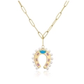 Detailed macro view of a gold horseshoe pendant with pearls and colorful enamel on a paperclip chain - Purple