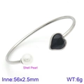 Silver open bangle featuring white shell pearl and black heart stone, inner diameter 56mm - Silver Black Heart Shell Pearl Style (KB123104-K)