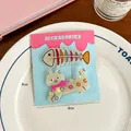 Cute white cat and fishbone hair clip set on a pastel display card for girls - 5# Fishbone Cat Set