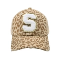 Detail of leopard print baseball cap with sequined S patch and distressed ripped effects - Leopard-Letter S
