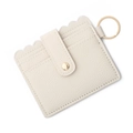 Cream white PU leather card holder with lychee pattern and gold round keychain - C2 Beige
