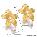 Detail view of 18k gold floral pearl earrings with size dimensions and weight info - Gold