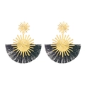 Bohemian sunburst tassel earrings in gold finish with black fan-shaped fringe details - Black