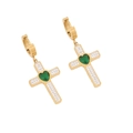 Gold cross earrings with green heart gem and white crystals in variant view - Cross Earrings (2#)