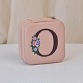 Pink PU leather jewelry box with mirror and floral letter O print on the zipper lid - Print O