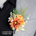 Orange and yellow artificial dahlia boutonniere with green leaves for suit lapel - 9x14cm / Orange