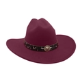 Classic burgundy wide-brim felt fedora with a patterned band and golden lion emblem - Burgundy