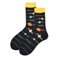 Black cotton crew socks featuring solar system planets and yellow contrast cuffs - Black Planets