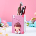 Pink book-shaped pen holder with cute cartoon girl and cat decor for desk storage - Pink Girl Pen Holder (9021-9 Pink Girl)