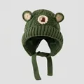 Moss green crochet children's winter hat with cute bear ears and protective ear flaps - 3-8 Years / Green