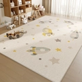 Rectangular beige kids area rug with cartoon rockets and stars pattern in soft colors - Crystal Velvet - Universe Travel