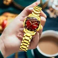 Elegant ladies watch with a deep red sunburst dial and gold stainless steel strap - Roman All Gold Red Dial Women's