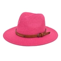 Elegant fuchsia straw Panama hat with brown leather belt accent on a clean background - M (56-58cm) / Rose Red