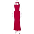 Slim fit dark red double-layer mesh two-piece set featuring tube top and long skirt - S / Red