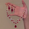 Elegant vintage gold necklace and earring set with red teardrop zircons and crystals - Necklace and Earrings Set (HN10868) / Gold Necklace - Red Main Stone