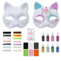 DIY Halloween cat mask kit with white paper pulp masks, glitter glue, and rhinestones - DIY Paper Pulp Mask And Sticker Deluxe Set (With Glitter Glue)
