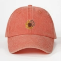 Orange washed baseball cap with embroidered sunflower and butterfly patterns - Orange