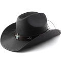 Black western straw cowboy hat with leather band and turquoise star emblem for sun protection - M(56-58cm) / Black