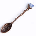 Vintage bronze coffee spoon with blue crystal handle and elegant floral carvings - Raw Stone Style / Lapis Lazuli