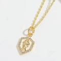 Gold pendant necklace with religious Virgin Mary crest and sparkling white crystals - Religious Shield Pendant