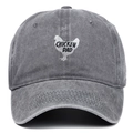 Close-up of vintage grey washed cotton baseball cap featuring Chicken Dad rooster embroidery - Gray