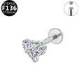 Silver heart-shaped F136 titanium labret stud with zircon and internal threading - Silver Heart