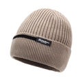 Winter thermal beige knit beanie with vertical stripes and black Narason fashion label - Khaki