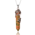 Unakite hexagonal pillar necklace with intricate silver floral and butterfly metal wrap - Unakite