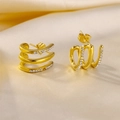Elegant gold plated C-shaped triple band stud earrings with sparkling zircon inlay - Gold Triple Layer Parallel