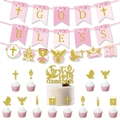 God Bless party banner and glitter cake toppers for First Holy Communion celebration - Set 2 / Four-Piece Set