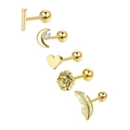5-piece gold stainless steel piercing set with moon, rose, and heart geometric shapes - Set 14 (Gold/Bar/Moon Heart Rose Feather)