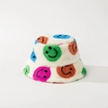 White faux fur bucket hat with vibrant colorful smiley face prints for winter warmth - White Multi-color Print