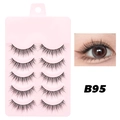 5 pairs of natural black false eyelashes in model B95 with pink plastic tray - B95 Cotton Thread Stem - 5 Pairs
