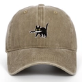 Close-up of cat biting a knife embroidery on a khaki vintage washed cotton baseball cap - Adjustable / Khaki