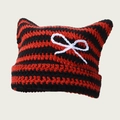 Handmade striped crochet cat ear beanie in red and black with white bow accent - One Size / Black and Red with Bowknot