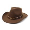 Classic brown wool western cowboy hat with ethnic woven band and golden feather detail - M (56-58cm) / Coffee