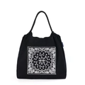 Bolso tote de lona negra con estampado de bandana blanca y asas de cuerda negra - MZ Paisley Negro