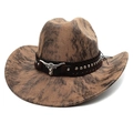Distressed brown western cowboy hat with silver bull head buckle and metal rivets - M (56-58cm) / Tie-dye Khaki