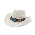 Dettaglio cappello da cowboy all'uncinetto bianco con turchese e fascia etnica - M (56-58cm) / Bianco