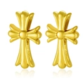 Vintage style gold floral cross stud earrings in polished stainless steel for women - Chrome Style Gold Cross